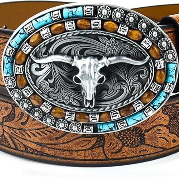 Western Cowboy Leather Belt Women Turquoise Large Oval Buckle 27\